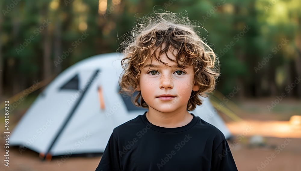 Wall mural caucasian child in black t-shirt enjoying camping experience surrounded by tents in nature