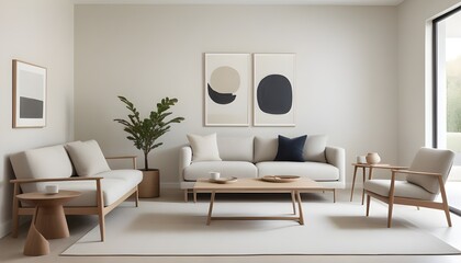 A tranquil, living room with a minimalist aesthetic, featuring a sleek low-profile sofa in a neutral tone.