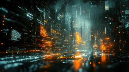 Widescreen conceptual image of an AI algorithm sifting through and distorting online data, blurring the lines between truth and fiction