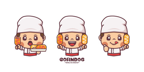 set of chef with corn dog cartoon character design