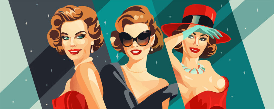 Hollywood icon portrait with classic poses and glamorous styles, flat portrait, vector illustration.