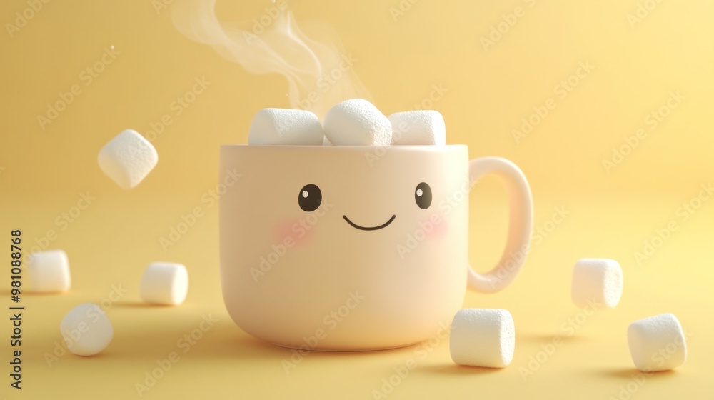 Sticker A cute mug with a smiling face, filled with marshmallows and steam, on a yellow background.