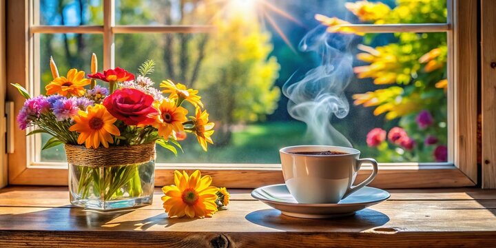 Vibrant morning scene with steaming coffee, fresh flowers, and a sunny windowsill, capturing the warmth and optimism of