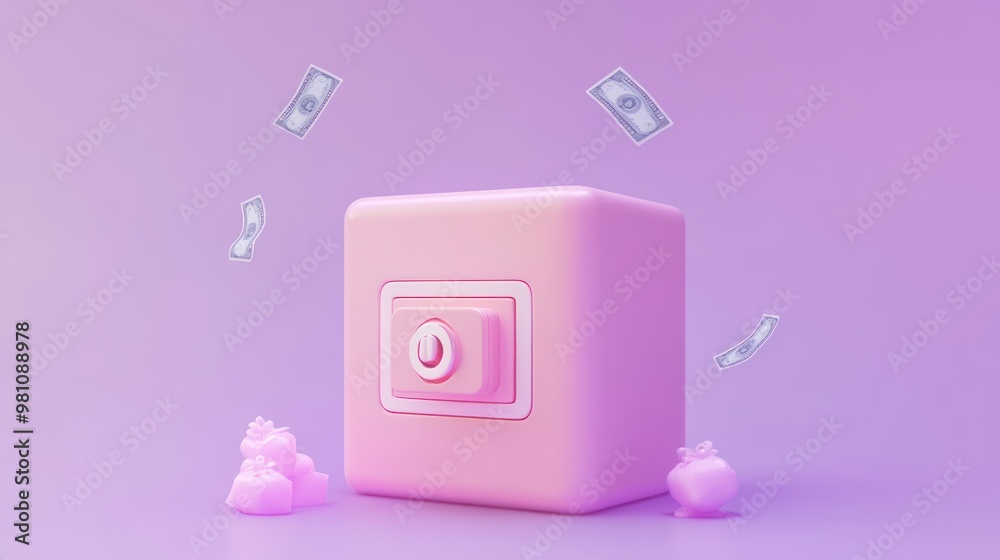 Poster A pink box with a power button and floating money, symbolizing financial growth.