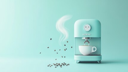 A mint-colored coffee machine with a steaming cup and coffee beans floating nearby.