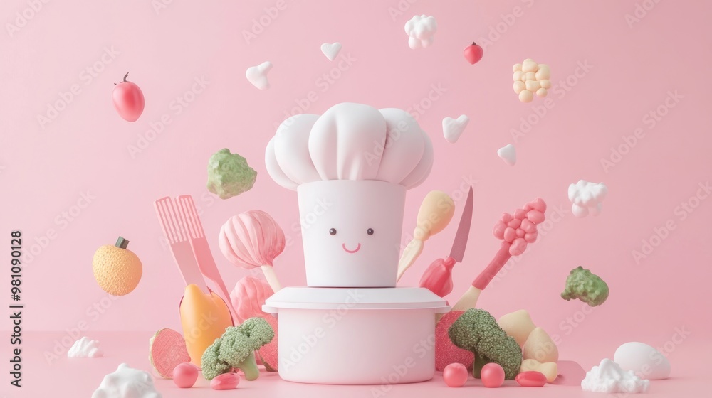 Wall mural A whimsical chef figure surrounded by colorful food items on a pink background.