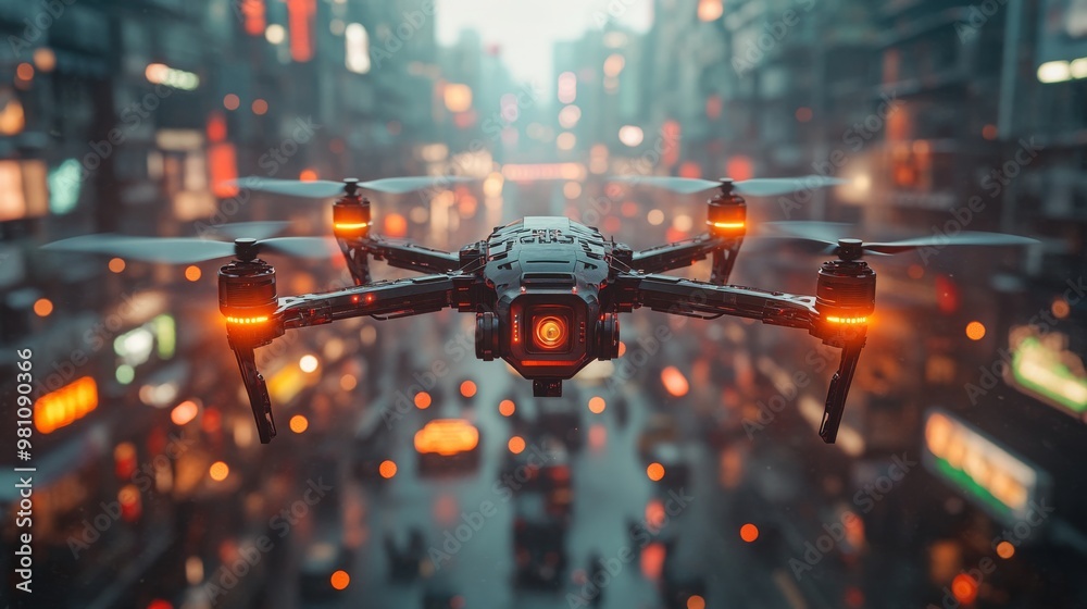 Poster drones equipped with sensors navigating an urban environment during twilight