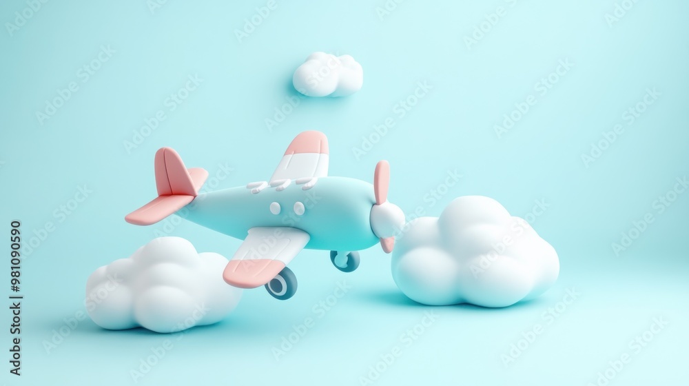 Canvas Prints A whimsical 3D airplane flying among fluffy clouds against a pastel backdrop.