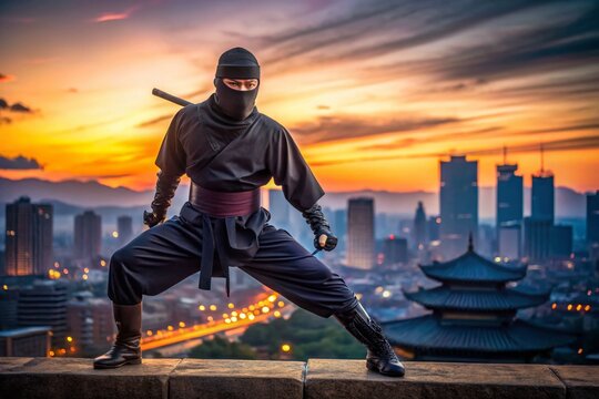 Vibrant ninja warrior poses confidently in a dynamic stance, clad in a traditional black uniform, against a blurred