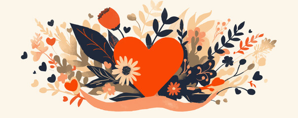 Hand-drawn anniversary emblem featuring a heart and floral elements, romantic and timeless , Vector flat minimalistic isolated illustration