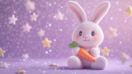 Fototapeta premium A cute plush bunny holding a carrot against a dreamy starry background.