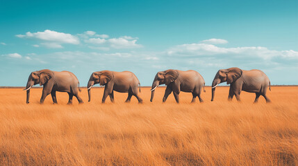 Fototapeta premium Five elephants walking in the African savannah