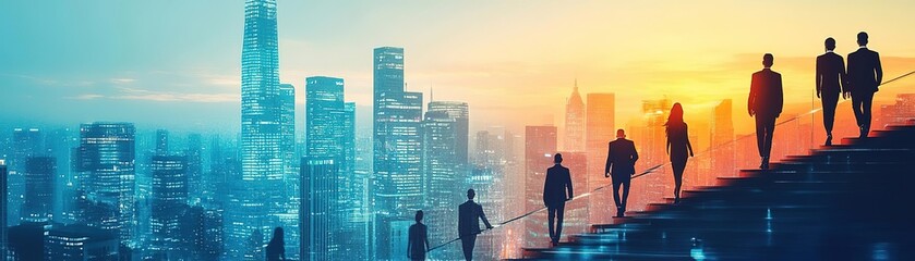 Fototapeta premium Silhouettes of businesspeople against a vibrant cityscape, symbolizing ambition and success in a modern urban environment.