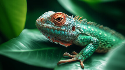 Obraz premium A chameleon with vibrant green and blue scales