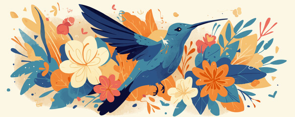 Hummingbird hovering near vibrant flowers, delicate beauty vector flat minimalistic isolated illustration