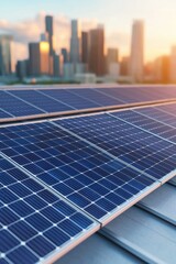 Fototapeta premium A close-up of solar panels on a rooftop with a city skyline in the background, illuminated by warm sunset light.