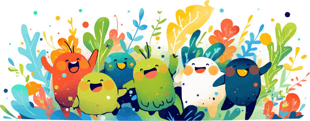 Cartoon-style depiction of playful seaweed characters with smiling faces and vibrant colors, adding a whimsical touch. , Vector flat minimalistic isolated illustration
