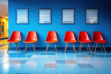 Red Chairs in Blue Hallway: A minimalist and modern design, featuring a row of vibrant red chairs...