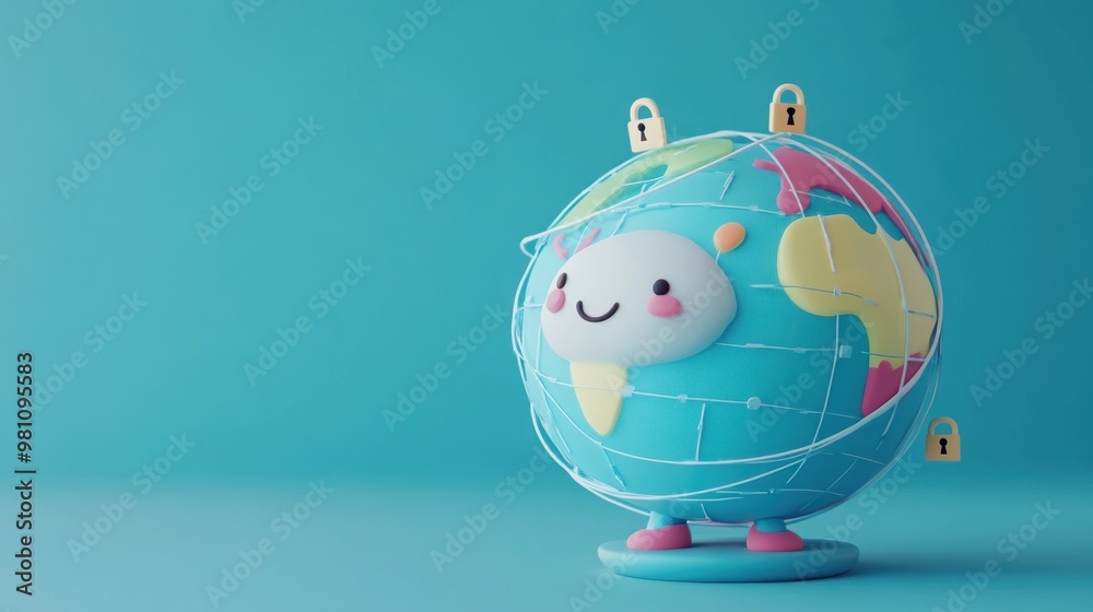 Sticker A cute globe character with locks, symbolizing security and global awareness.