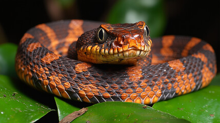 Fototapeta premium Orange snake on the green leaves
