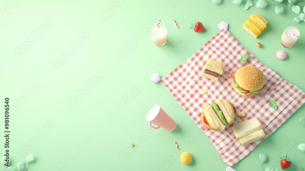 Canvas Prints A picnic spread featuring burgers, snacks, and drinks on a checkered blanket.