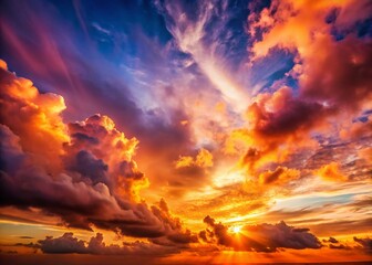 Fototapeta premium Vibrant orange and pink hues illuminate a serene sky as fluffy white clouds drift lazily beneath a breathtaking