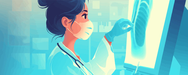 Doctor examining an X-ray with focused expression, Vector flat minimalistic isolated illustration