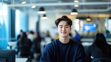 Fototapeta premium Confident cheerful asian korean young business man guy smiling at camera in light modern office