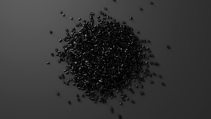 Closeup top view on black plastic polypropylene granules heap centered on black backdrop, masterbatch polymer grain pile. HDPE or PVC resin pellets. 3d render illustration