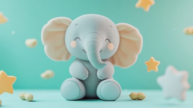A cute plush elephant toy surrounded by stars and peanuts on a soft blue background.
