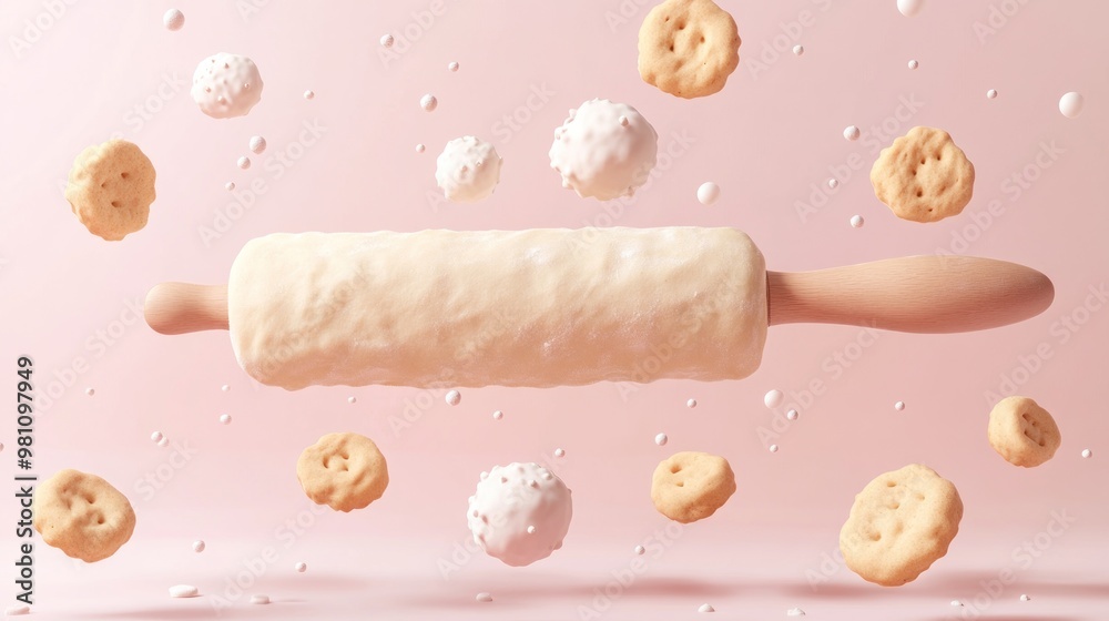 Canvas Prints A rolling pin surrounded by floating cookies and sprinkles, evoking a playful baking theme.