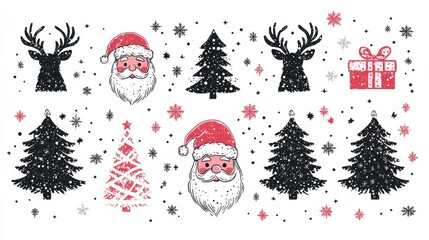 Christmas pattern with santa claus, reindeer and christmas tree silhouettes