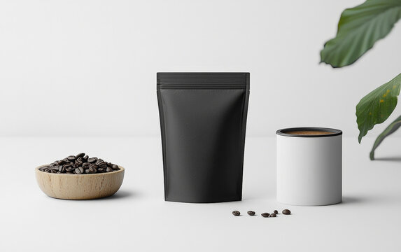 A minimalist packaging design for a coffee brand, featuring a simple logo and typography on a plain background, emphasizing the quality of the product.