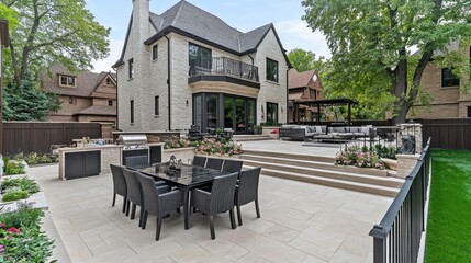 A modern house showcases a stone terrace and balcony railings made of powder-coated black steel, enhanced by vibrant flowers and plants