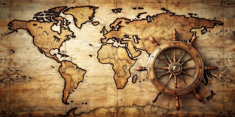 Fototapeta premium Vintage nautical map background with a steering wheel