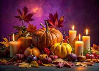 Vibrant autumnal arrangement featuring ornate pumpkins, flickering candles, and crunchy leaves artfully scattered across a rich purple background, evoking cozy seasonal ambiance.