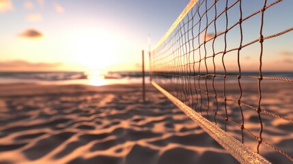 Beach volleyball net on sandy shore. Close-up perspective with ocean background. Summer sports and recreation concept. Design for banner, poster.