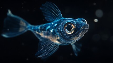 Fototapeta premium A close-up of a translucent blue fish with a large eye, swimming in a dark, watery environment.