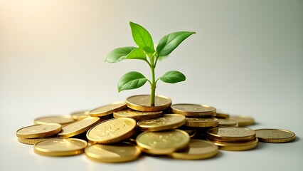 A plant sprouting from a pile of coins, symbolizing financial growth and investment success. The imagery represents the concept of wealth building, savings, and nurturing prosperity