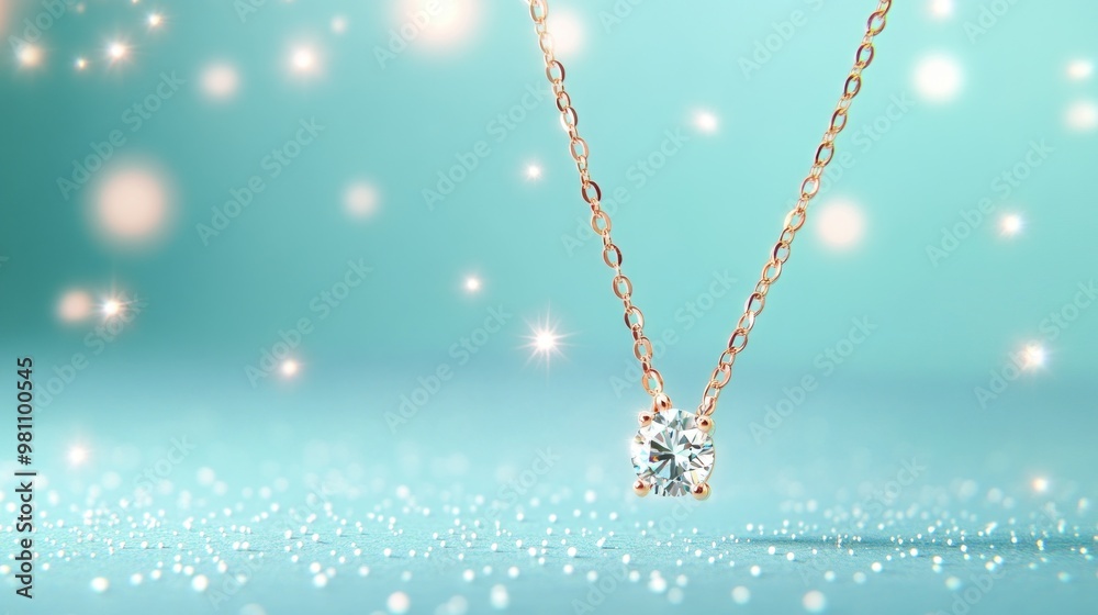 Poster A sparkling diamond necklace on a delicate chain, set against a shimmering background.