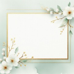 Elegant floral frame with white blossoms and gold accents on a soft mint background.