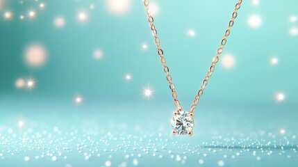 A sparkling diamond necklace on a delicate chain, set against a shimmering background.