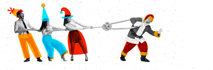 Banner. Contemporary art collage. Holiday tug of war between Santa and coworkers, merging business competition with festive fun in this playful struggle for holiday cheer. Concept of business.