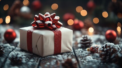 Christmas present sitting on a table with snow and lights in the background