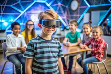 Group of children in a classroom wearing augmented reality glasses exploring virtual learning environments diverse backgrounds included