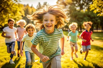 Happy european children enjoying a sunny day outdoors running and playing in a park with friends The kids are smiling and having fun showcasing the joy of youthful innocence and outdoor activities