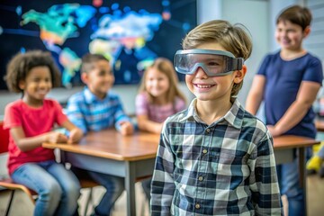 A group of diverse children in a classroom are exploring virtual reality technology together One child in the foreground is wearing VR goggles while others watch