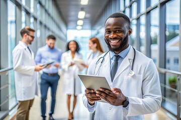African healthcare professionals working in a modern hospital hallway smiling and collaborating while discussing patient care and medical reports on digital tablets team of doctors and nurses.