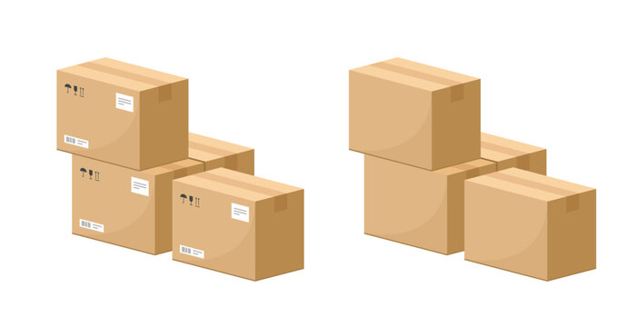 Carton parcel boxes pile stack vector 3d graphic illustration set, isolated cut out delivery cardboard warehouse storage packages heap mockup, postal mail cargo service element image clip art 
