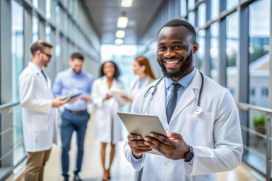 African healthcare professionals working in a modern hospital hallway smiling and collaborating while discussing patient care and medical reports on digital tablets team of doctors and nurses.
